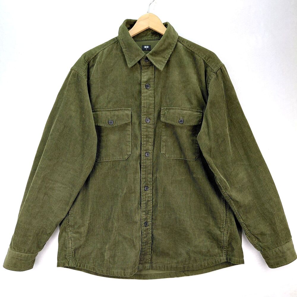 UNIQLO Corduroy Shirt Jacket Shacket Mens Medium Olive Green Long Sleeve Button
